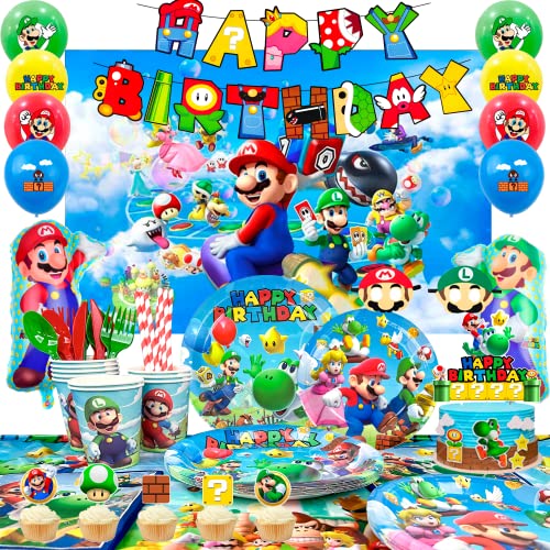 Mario Geburtstagsparty-Zubehör, 177-teiliges Super Mario-Party-Dekorationen und Geschirr-Set, Mario-Bros-Luftballons, Hintergrundbanner und Mario-Partyteller, Becher, Tischdecke usw., von Lumcrajems