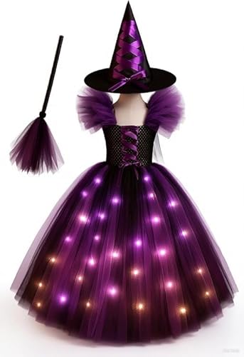 LumenVela Hexenkostüm Kinder, Halloween Mädchen Kostüm, Leuchtend Hexen Kostüm Kinder mit LED, Hexenhut, Halskette, Aufkleber und Fairy wand für Mädchen Cosplay Party Halloween (S) von LumenVela