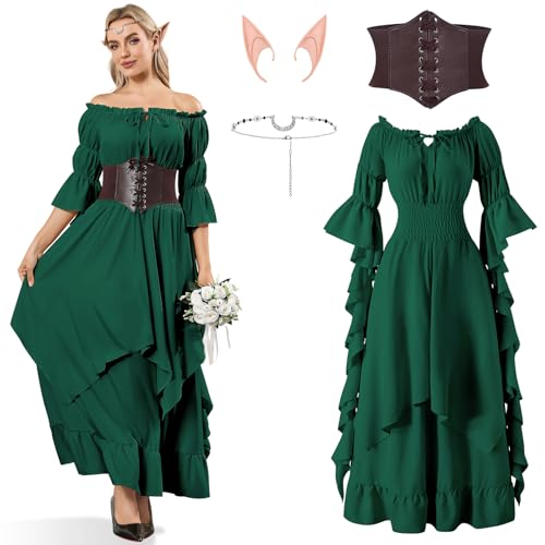 LumenVela Mittelalter Kleidung Damen, Viktorianisches Kleid mit Korsett, Elfenohren, Kopfschmuck, Gothic Kleidung Schulterfrei Puffärmel Renaissance Kleid Damen für Karneval Halloween (Grün, L) von LumenVela