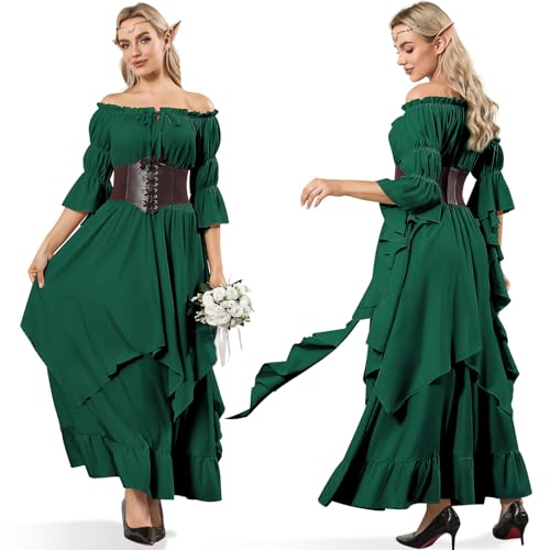 LumenVela Mittelalter Kleidung Damen, Viktorianisches Kleid mit Korsett, Elfenohren, Kopfschmuck, Gothic Kleidung Schulterfrei Puffärmel Renaissance Kleid Damen für Karneval Halloween (Grün, S) von LumenVela