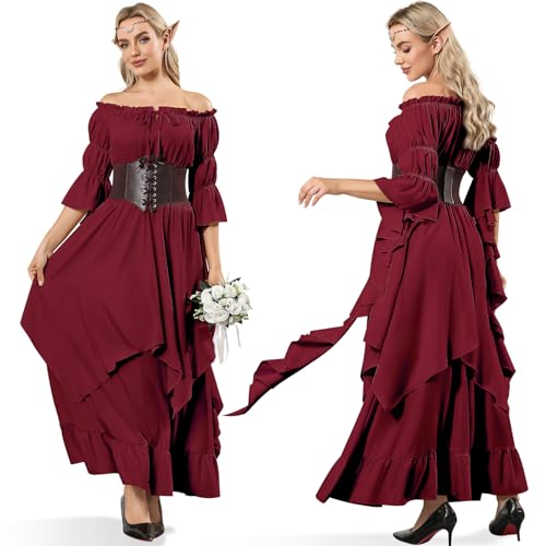LumenVela Mittelalter Kleidung Damen, Viktorianisches Kleid mit Korsett, Elfenohren, Kopfschmuck, Gothic Kleidung Schulterfrei Puffärmel Renaissance Kleid Damen für Karneval Halloween (Rot, S) von LumenVela