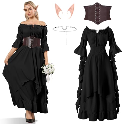 LumenVela Mittelalter Kleidung Damen, Viktorianisches Kleid mit Korsett, Elfenohren, Kopfschmuck, Gothic Kleidung Schulterfrei Puffärmel Renaissance Kleid Damen für Karneval Halloween (Schwarz, S) von LumenVela