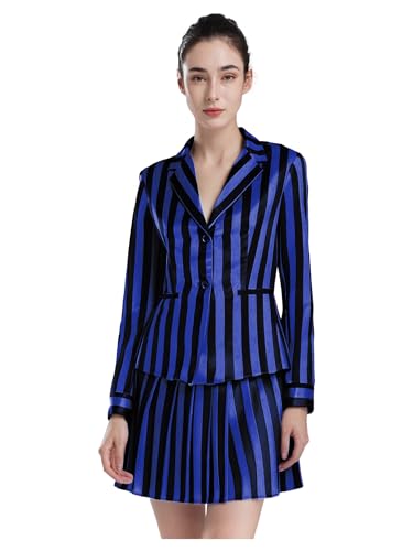 LumiJour Damen Stück Gestreifter Schuluniform Anzug Revers Front Knopf Blazer Jacke Mit Rock Für Halloween Königsblau L LumiJour Damen Stück Gestreifter Schuluniform Anzug Revers Front Knopf Blazer Jacke Mit Rock Für Halloween Königsblau L von LumiJour