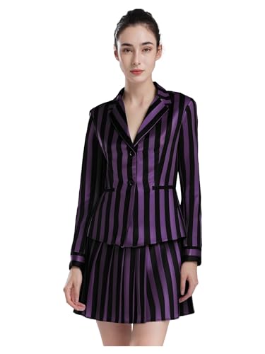 LumiJour Damen Stück Gestreifter Schuluniform Anzug Revers Front Knopf Blazer Jacke Mit Rock Für Halloween Lila XL LumiJour Damen Stück Gestreifter Schuluniform Anzug Revers Front Knopf Blazer Jacke Mit Rock Für Halloween Lila XL von LumiJour