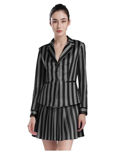 LumiJour Damen Stück Gestreifter Schuluniform Anzug Revers Front Knopf Blazer Jacke Mit Rock Für Halloween Schwarz 3XL von LumiJour
