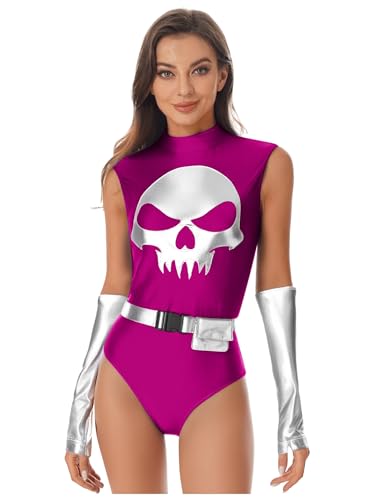 LumiJour Damen Teiliges Gruseliges Skelett Bodysuit Kostüm Mit Gürtel Und Fingerlosen Handschuhen Für Halloween Party Cosplay Dunkelrosa L von LumiJour