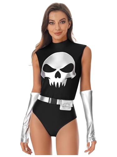 LumiJour Damen Teiliges Gruseliges Skelett Bodysuit Kostüm Mit Gürtel Und Fingerlosen Handschuhen Für Halloween Party Cosplay Schwarz XXL von LumiJour