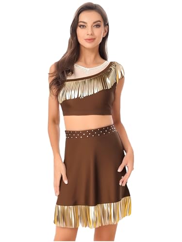 LumiJour Damen Teiliges Native Indian Kostüm Set Amerikanische Native Crop Tank Tops Mit Röcken Umber 3XL von LumiJour