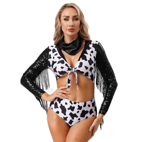 LumiJour Damen Western Cowgirl Kostüm Glänzende Pailletten Fransen Lange Ärmel Halloween Bodysuits Schwarz L von LumiJour