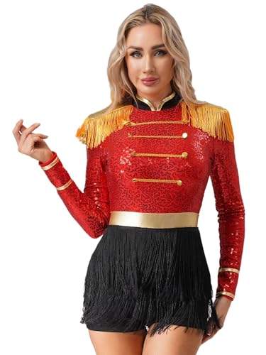 LumiJour Damen Zirkus Ringmaster Short Jumpsuit Glitzer Pailletten Fransen Saum Showman Anführer Halloween Kostüme Rot XL von LumiJour