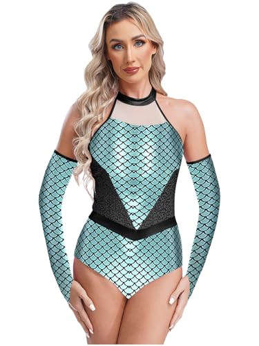 LumiJour Glänzendes Pailletten Badekostüm Meerjungfrau Funkelnder Ganzkörperanzug Fingerlose Handschuhe Bodysuit Für Halloween Mintgrün 3XL von LumiJour