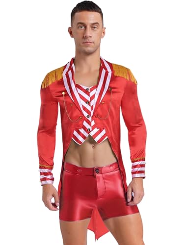 LumiJour Herren Zirkus Ringmeister Quastenmantel Kostüm Gestreifter Showman Löwenbändiger Frack Für Halloween Rot XL LumiJour Herren Zirkus Ringmeister Quastenmantel Kostüm Gestreifter Showman Löwenbändiger Frack Für Halloween Rot XL von LumiJour