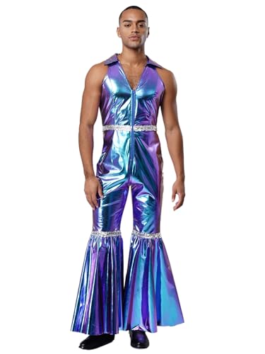 LumiJour Herren er Disco Outfits Glänzend Metallisch Pailletten Schlaghosen Overall Tanz Halloween Kostüme Blau XL von LumiJour