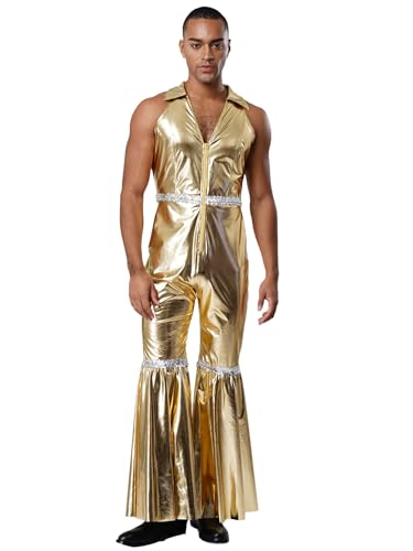 LumiJour Herren er Disco Outfits Glänzend Metallisch Pailletten Schlaghosen Overall Tanz Halloween Kostüme Gold M von LumiJour