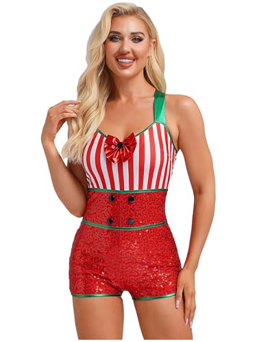 LumiJour Weihnachts Candy Canes Jumpsuit Für Damen Weihnachts Bodysuit Santa Rompers Rot XL von LumiJour