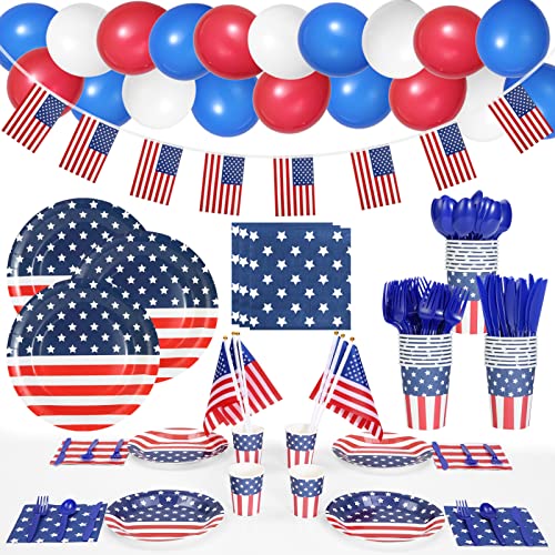 Partyzubehör zum 4. Juli – Dekoration mit amerikanischer Flagge, patriotisches Geschirr, kleine Flaggen, Banner, Luftballons, 189 Stück von Lumiparty