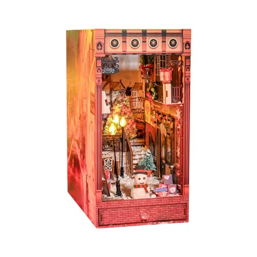 Lumivive Book Nook Puppenhaus Kit, DIY Puppenhäuser Miniatur Haus Kit, 3D Holzpuzzle Buchstützen Dekor Bücherregal Bücherregaleinsatz Kits mit LED - Fröhliche Weihnachtspromenade von Lumivive
