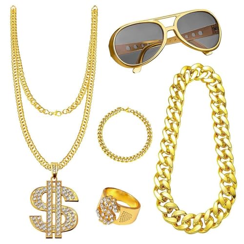 80S HIP HOP KOSTÜM Outfit-5-Hop Hip-Hop-Kostüm-Set Fake Gold Kette | Armband, Dollarzeichen-Kette, Hip-Hop-Ring, Hip-Hop-Brille für Rapper Hip-Hop Disco Party von Lunaobrik