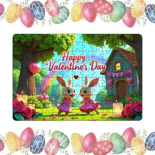 Lunaobrik Hasenpuzzle für Kinder, niedliches Hasenpuzzle – 130 x Happy Valentine's Day, niedliches Kaninchen-Kunstpuzzle – entzückendes Kunstpuzzle für Kinder von Lunaobrik