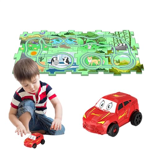 Lunaobrik Puzzle-Spielset für Autos mit Puzzlestrecke, Puzzlebahn für Eisenbahnwagen - Eisenbahnwagen Puzzle Rennstrecke | Lernspielzeug, Puzzle Racer mit irdischem Thema, Puzzle Track, von Lunaobrik