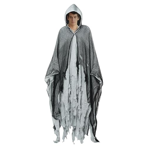 White Mesh Halloween Cloak - Unisex Kapuze -Umhang Erwachsene, Gruseliges Kostüm Cape | Leichte Dress-up-Requisite Für Halloween-Partys, Gothic Cosplay Cape, Thematische Rollenspiele, Fantasy-Horror-O von Lunaobrik