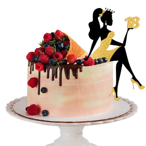 LunarCharm Mädchensilhouette Tortendeko, 18 Geburtstag Cake Topper Glitter High Heel Mädchen Kuchen Deko für Mädchen Lady Bachelorette Thema Geburtstag Party Tortendeko, Schwarz mit Gold von LunarCharm