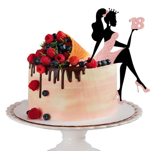 LunarCharm Mädchensilhouette Tortendeko, 18 Geburtstag Cake Topper Glitter High Heel Mädchen Kuchen Deko für Mädchen Lady Bachelorette Thema Geburtstag Party Tortendeko, Schwarz mit Roségold von LunarCharm