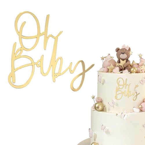 LunarCharm Oh Baby Cake Topper Gold Acryl, Oh Baby Kuchen Topper Babyparty Tortendeko Baby Shower Deko, Windeltorte für Gender Reveal Torten Deko von LunarCharm