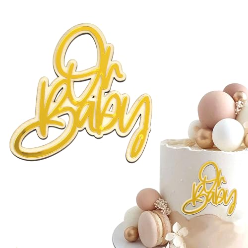 LunarCharm Oh Baby Cake Topper aus Gold Acryl und Holz, Oh Baby Kuchen Topper Doppelschicht Babyparty Tortendeko Baby Shower Deko, Windeltorte Gender Reveal Partydeko von LunarCharm