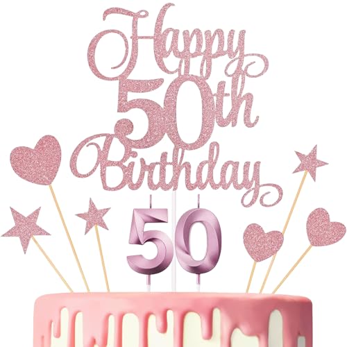 LunarCharm Tortendeko 50 Geburtstag Mann Frau, 50. Torten Deko mit Geburtstagskerzen, Rosa Kuchen Deko 50. Geburtstag, für Kuchendekoration für Geburtstagsfeiern von LunarCharm