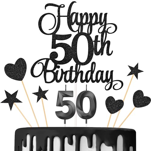 LunarCharm Tortendeko 50 Geburtstag Mann Frau, 50. Torten Deko mit Geburtstagskerzen, Schwarz Kuchen Deko 50. Geburtstag, für Kuchendekoration für Geburtstagsfeiern von LunarCharm