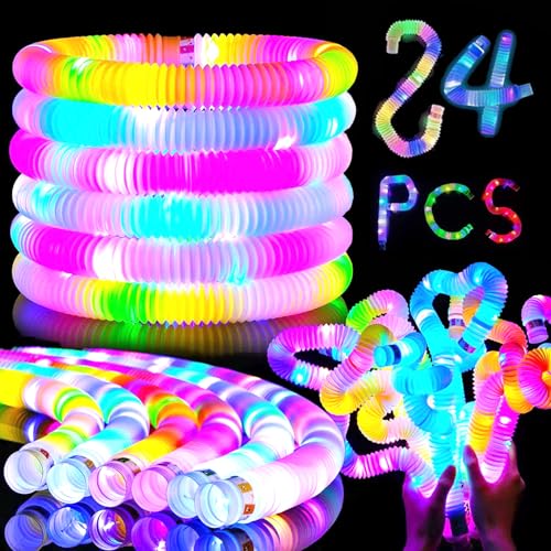 Lunriwis 24 Stück Pop Tubes, LED Light Up Gadgets Spielzeug, LED Retractable Tubes, Party Glow Stick Armband Dekoration, Kinder Geburtstag Bash Geschenke,Knicklichter Party Set für Kinder von Lunriwis