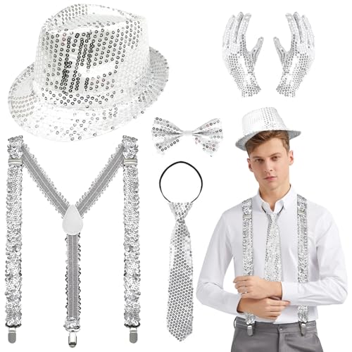 Lunriwis Glitzer Outfit Herren 5er Set,Glitzer Hemd Fasching Herren,Hut Glitzer Kostüm,Pailletten Fliege,krawatte,Handschuhe für Fasching Kostüm Disco Party Performance Lunriwis Glitzer Outfit Herren 5er Set,Glitzer Hemd Fasching Herren,Hut Glitzer Kostüm,Pailletten Fliege,krawatte,Handschuhe für Fasching Kostüm Disco Party Performance von Lunriwis