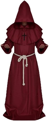 Luojida Medieval Kostüm Mönch Priester mit Umhang Kapuze Halskette Kreuz Kostüm Halloween Herren für Cosplay Karneval Kirchen Motto Maskerade Kostüm Renaissance Rot Weinrot XL von Luojida
