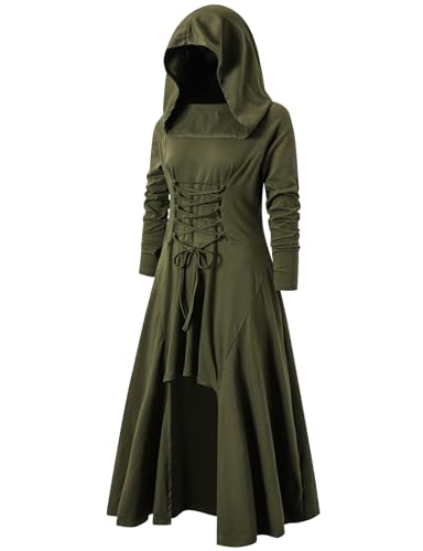 Mittelalterliches Kleid Gothic Damen mit Kapuze Kostüm Halloween Karneval Cosplay Steampunk Vintage Gothic Kleid Langarm Kleidung Damen Herbst Grün XXL von Luojida
