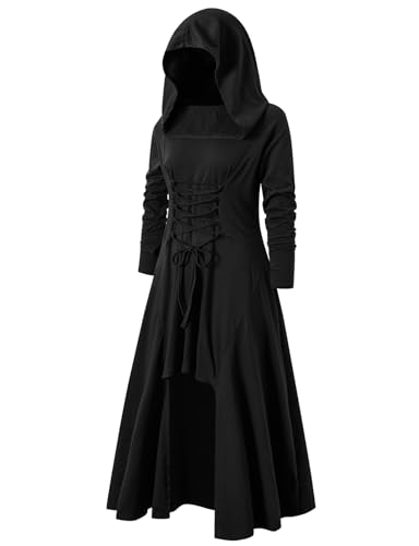 Mittelalterliches Kleid Gothic Damen mit Kapuze Kostüm Halloween Karneval Cosplay Steampunk Vintage Gothic Kleid Langarm Kleidung Damen Herbst Schwarz XL von Luojida