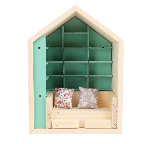 Luqeeg DIY Szenen Miniaturhaus Bausatz, Kiefernholz Angst Ornament Bücherregal Stressabbau Miniatur Puppenhaus Bücherregal mit Kissen Ornamenten für das Dekorationszimmer von Luqeeg