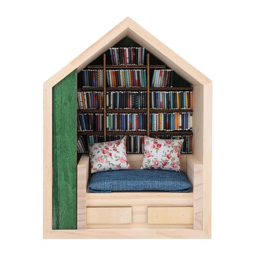 Luqeeg DIY Szenen Miniaturhaus Bausatz, Miniatur Puppenhaus Bücherregal aus Kiefernholz zum Stressabbau Angst Bücherregal mit Kissen und Büchern für das Arbeitszimmer von Luqeeg