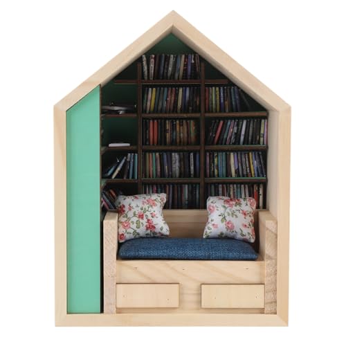 Luqeeg Miniatur-Bücherregal, Handgefertigtes Miniatur-Puppenhaus-Bücherregal aus Holz zum Stressabbau Angst-Bücherregal mit Kleinen Kissen Und Büchern für Das Dekorationszimmer von Luqeeg