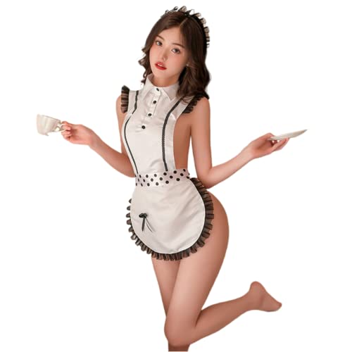Damen Halloween Kostüm Dienstmädchen Outfit Dessous Cosplay Süß Klassische Spitze Schürze Kleid (6704weiß) von LureZone