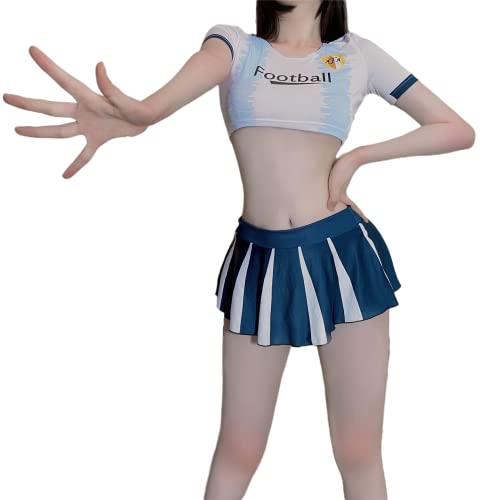 LureZone Cheerleading Uniform Damen Sexy Fußball Kurzarm Shirt Set Bühnenuniform Cosplay Party Halloween (6954 Blau und Weiß) von LureZone