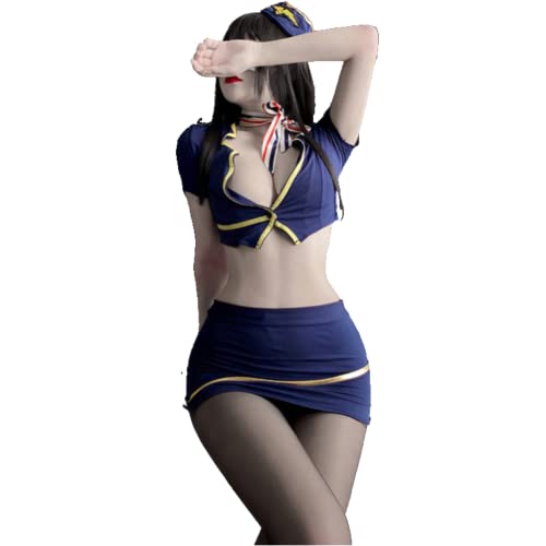 LureZone Damen Sexy Dessous Set Airline Stewardess Uniform Niedlich Sexy Anime Cosplay (1044blau), Einheitsgröße von LureZone