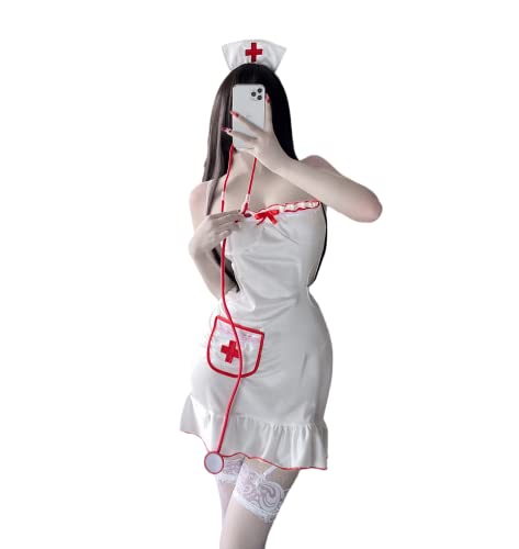LureZone Sexy Krankenschwester-Outfit, Verkleidung, Frauen, freches Krankenschwester-Kostüm, Dessous, Cosplay, Babydoll, Rollenspiel, Body mit Kopfbedeckung (1322weiß) von LureZone