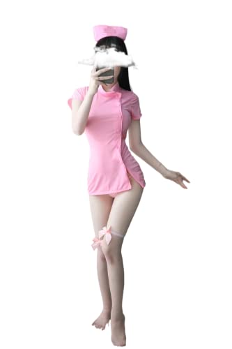 LureZone Sexy Krankenschwester-Outfit, Verkleidung, Frauen, freches Krankenschwester-Kostüm, Dessous, Cosplay, Babydoll, Rollenspiel, Body mit Kopfbedeckung (2274pink) von LureZone