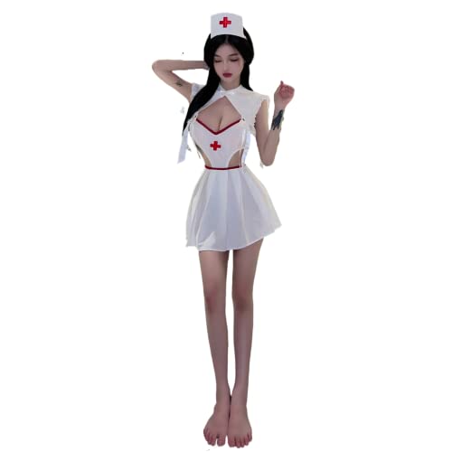 LureZone Sexy Krankenschwester-Outfit, Verkleidung, Frauen, freches Krankenschwester-Kostüm, Dessous, Cosplay, Babydoll, Rollenspiel, Body mit Kopfbedeckung (2621weiß) von LureZone