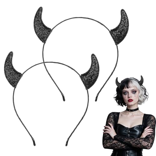 2 Stück Halloween Teufelshörner Stirnbänder Glitzernde Teufelsohren Teufel Haarreif Vampir Teufel Kopfbedeckung Haarschmuck für Damen Herren Halloween Dämonenkostüm Carnival Mottoparty(Schwarz) von Lusofie