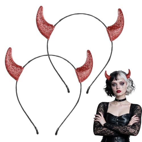 Lusofie 2 Stück Halloween Teufelshörner Stirnbänder Glitzernde Teufelsohren Teufel Haarreif Vampir Teufel Kopfbedeckung Haarschmuck für Damen Herren Halloween Dämonenkostüm Carnival Mottoparty(Rot) von Lusofie