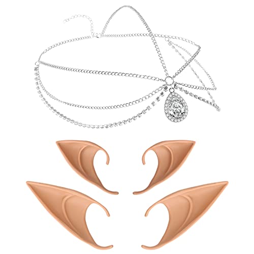 Lusofie Fairy Ears Schmuck Elfenohren Cosplay Fee Elf Ohren Mond Kopf Kette Tiara Retro Kristall Kopfschmuck Elf Ears Haarschmuck Weich Spitz Anime Elfen Ohren Damen Elfenkostüm von Lusofie