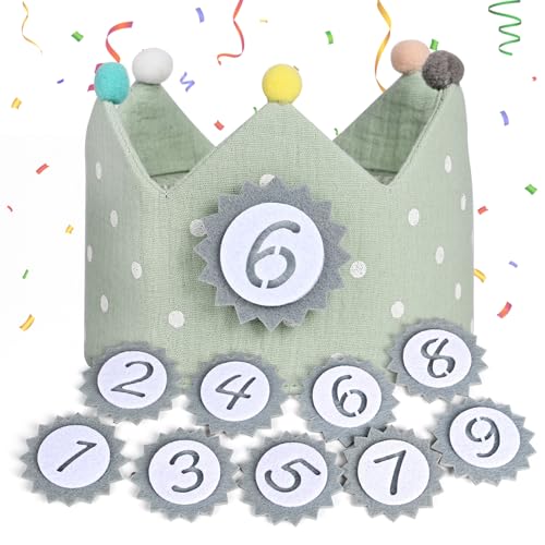 LustLocke Geburtstagskrone Musselin, Krone Geburtstag mit Auswechselbaren Zahlen, Verstellbar Geburtstagskrone Kinder für von 1-9 Jahren für Geburtstagsfeier, Fasching, Karnevals (Grün) von LustLocke