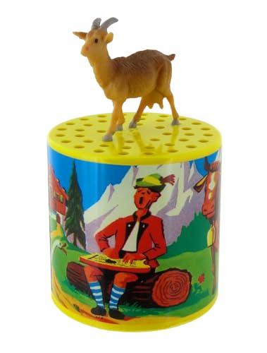 Traditionelle Ziegendose (Ziegen-Dose), Mäh-Dose oder Ziegenstimme mit einem Etikett, das Kühe in den Bergen darstellt, und Einer Figur, die eine Ziege darstellt. von Lutèce Créations